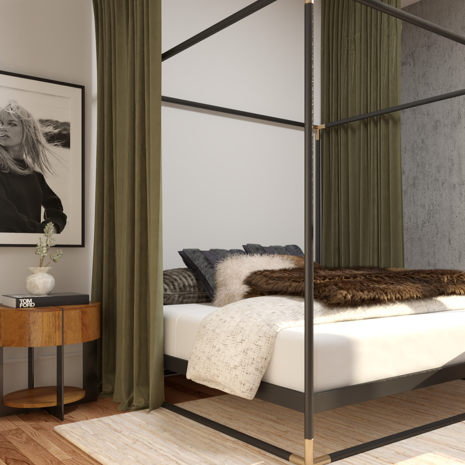 Modern canopy bed with olive curtains.