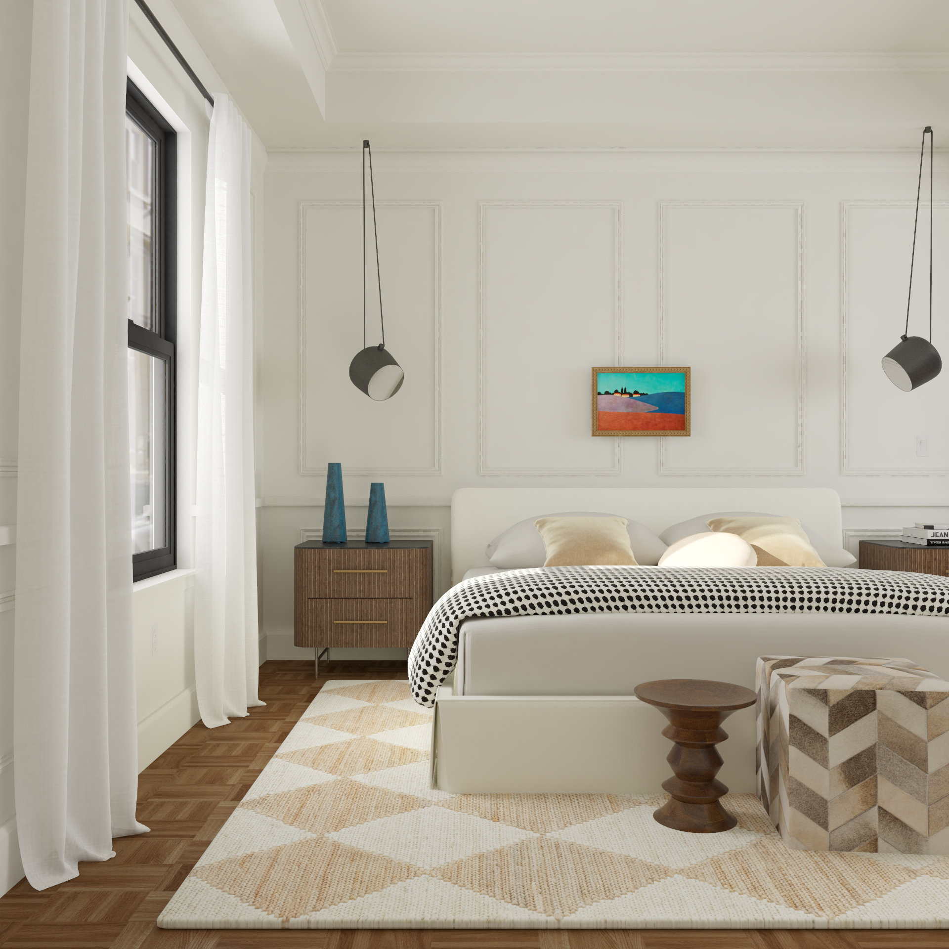 A bright and airy bedroom with modern furnishings.