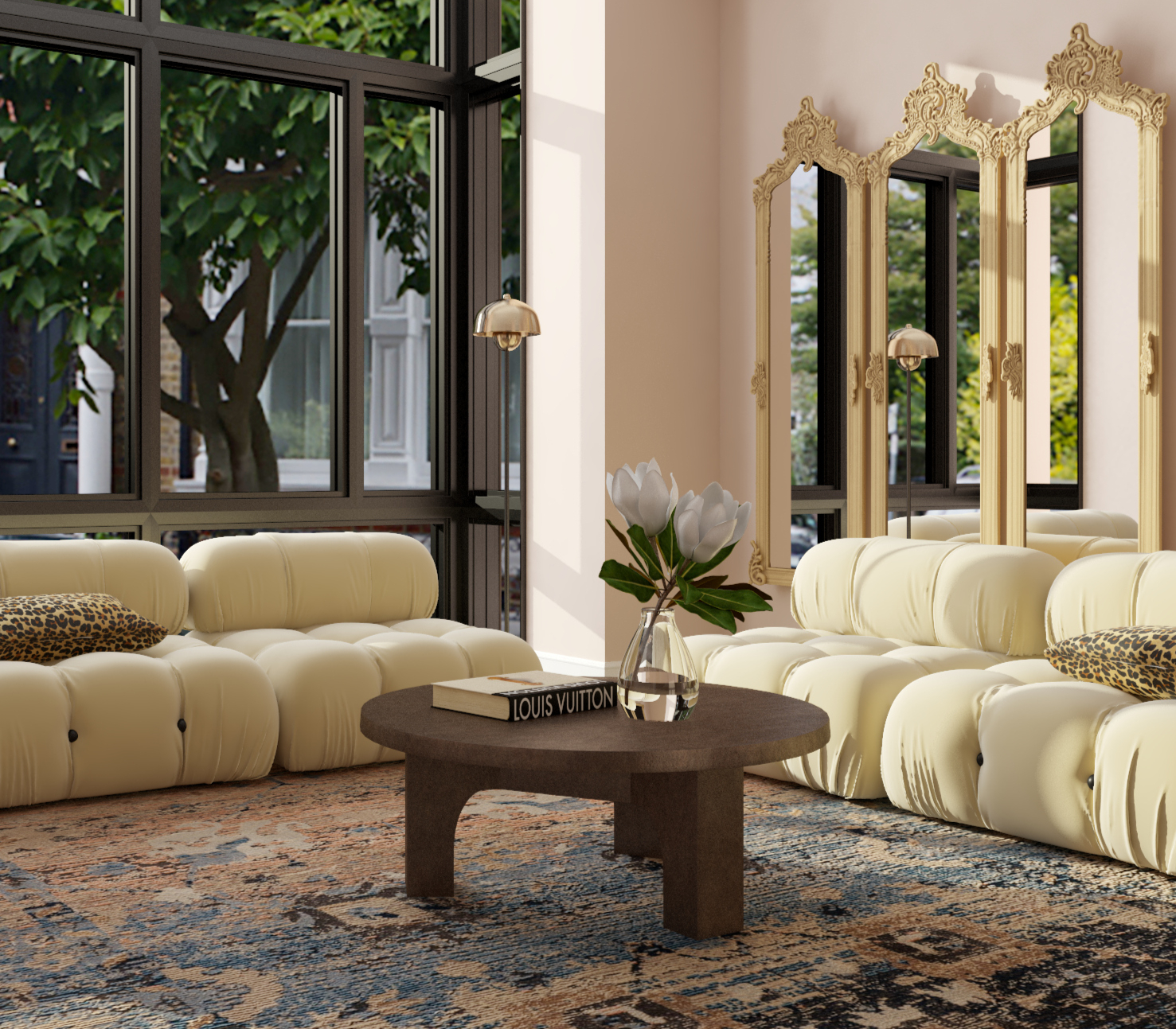 Feminine living room with light pink walls and layered mirrors.