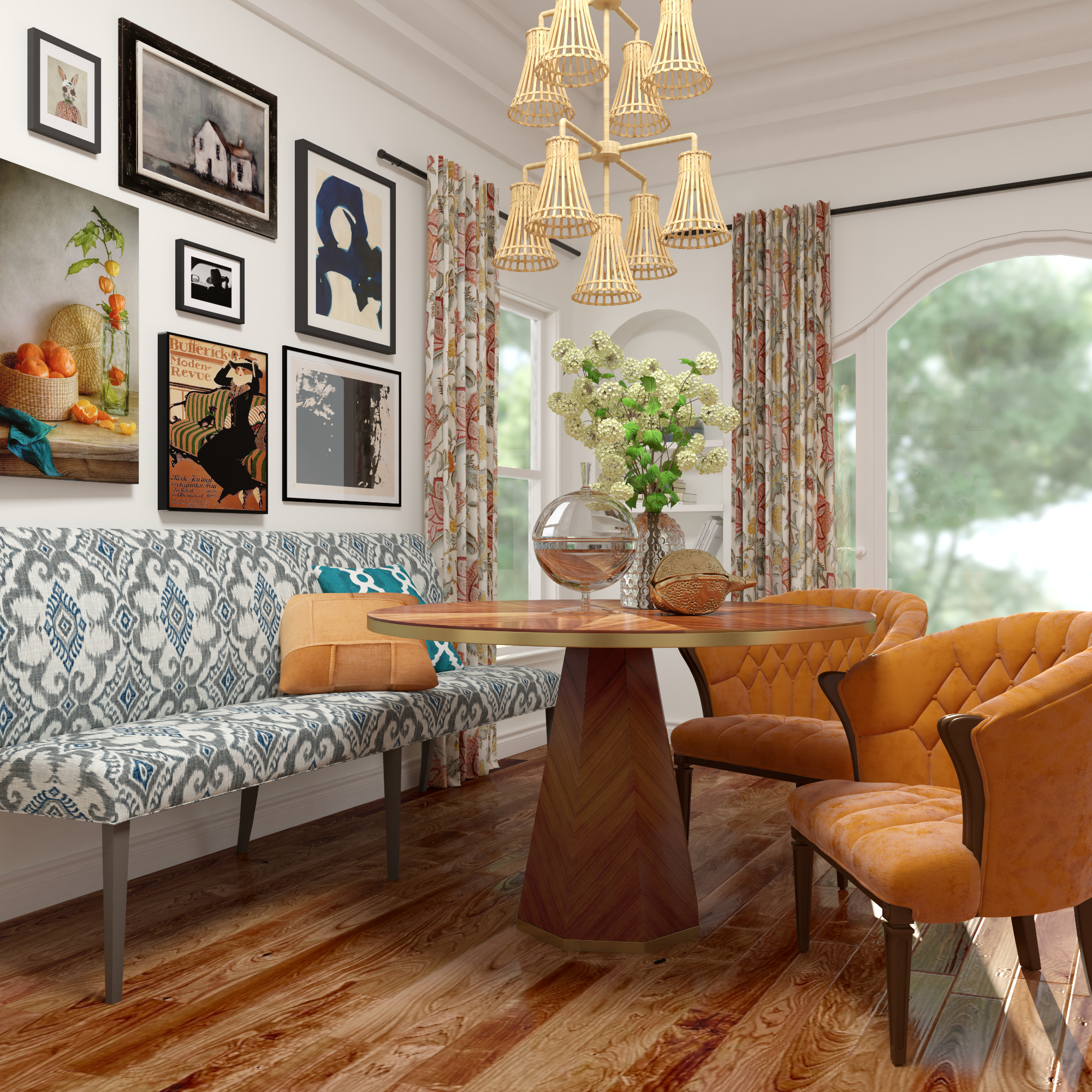 Eclectic bold dining room with a patterned bench.