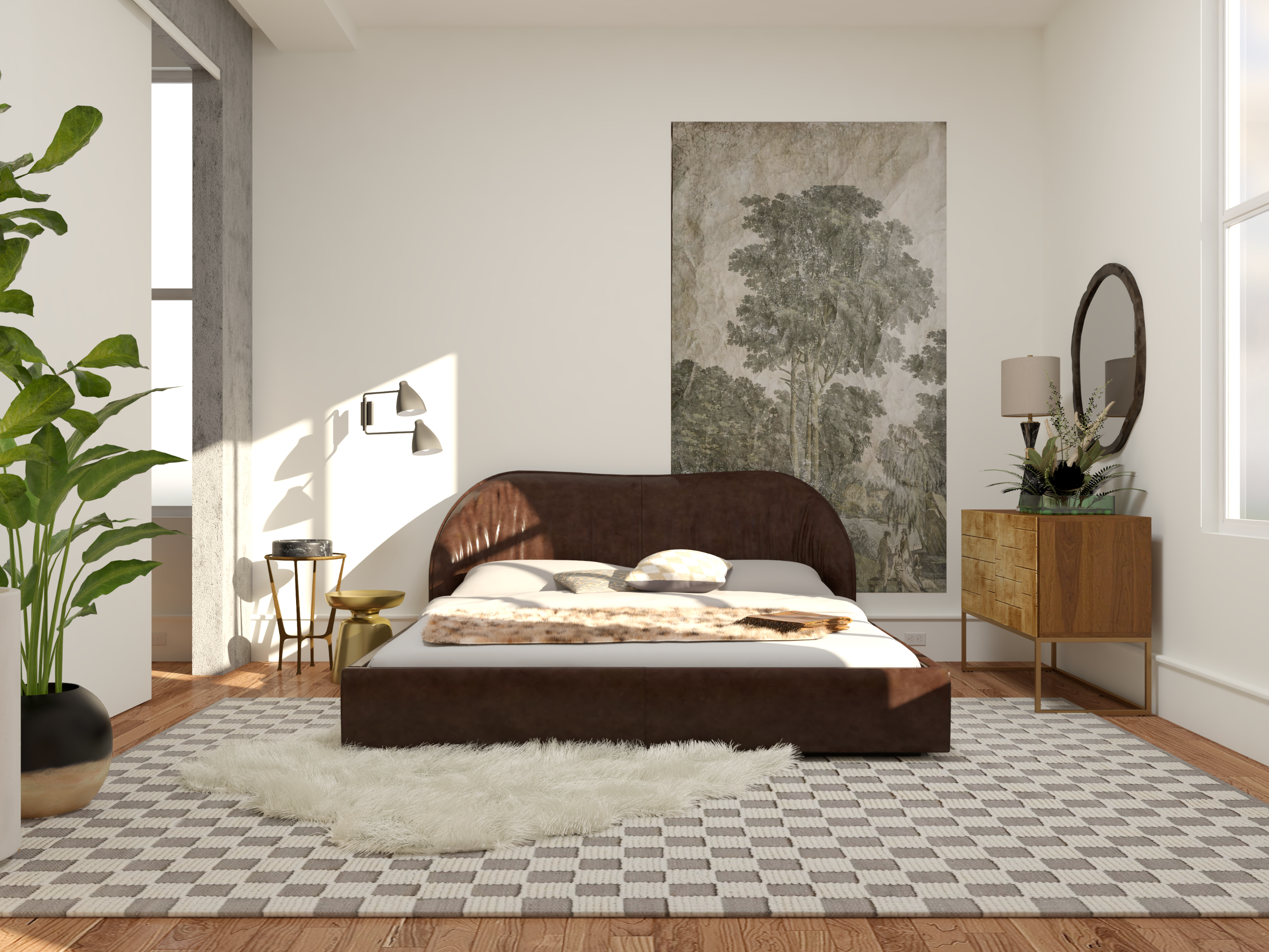 A modern bedroom featuring a leather platform bed.
