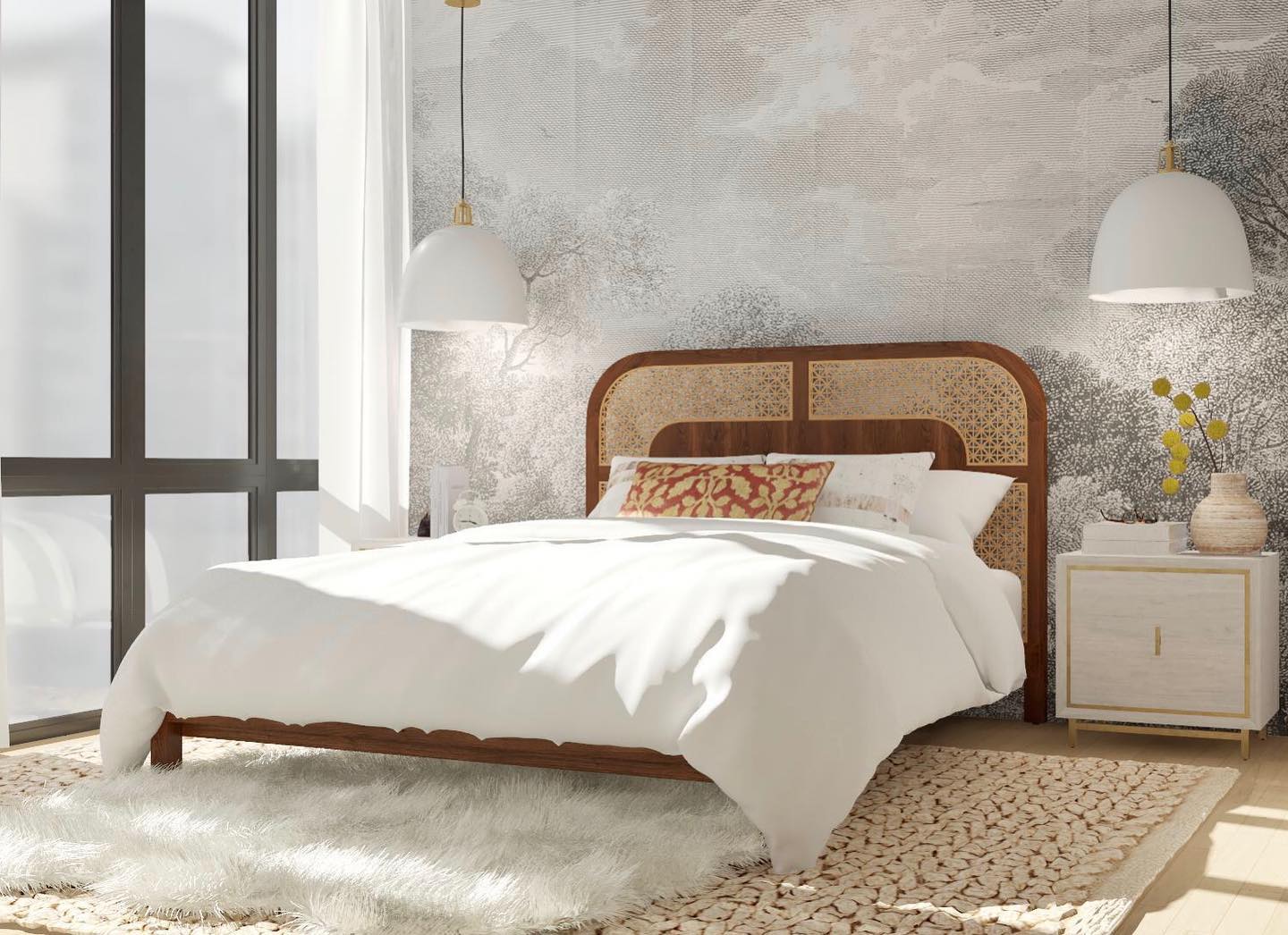Woven cane headboard and organic textures in a bedroom.