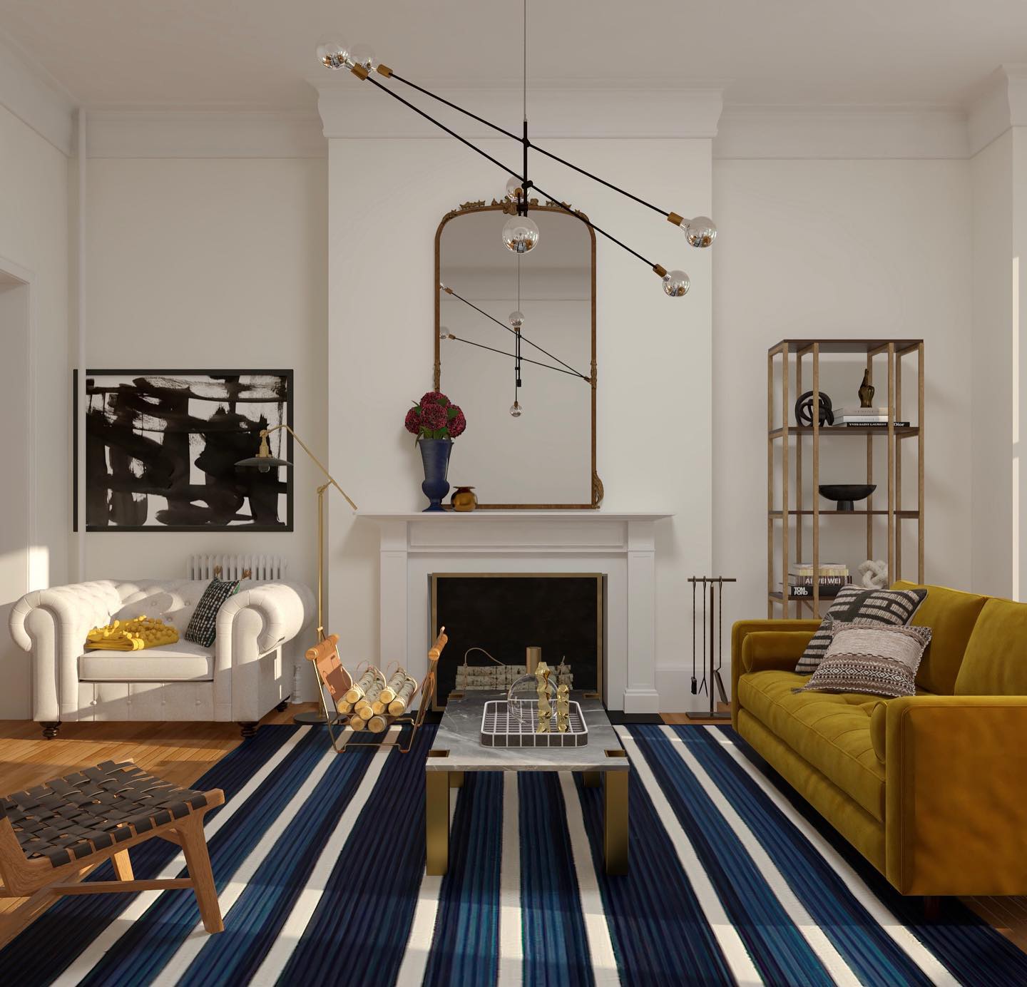 Updated traditional living room with a blue striped rug.