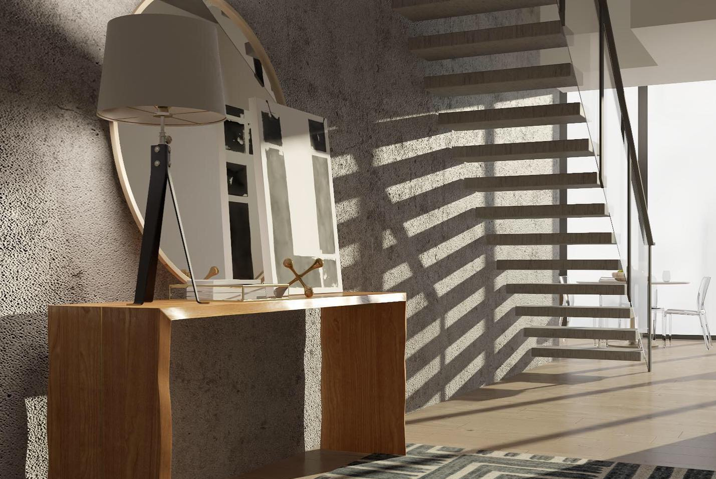 Modern entryway with high-contrast shadows and a wood console.