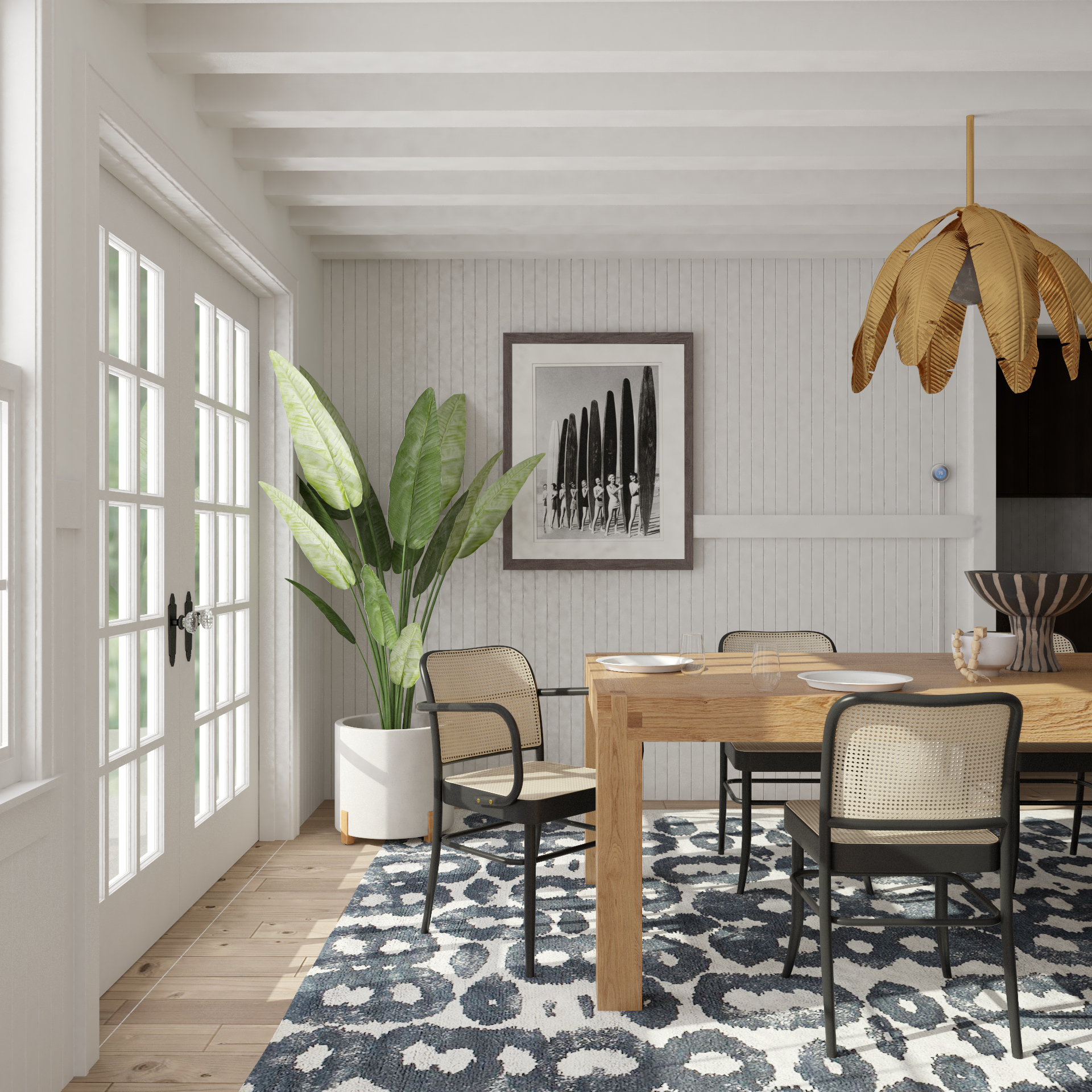 Modern Charleston waterfront dining room with wood accents.