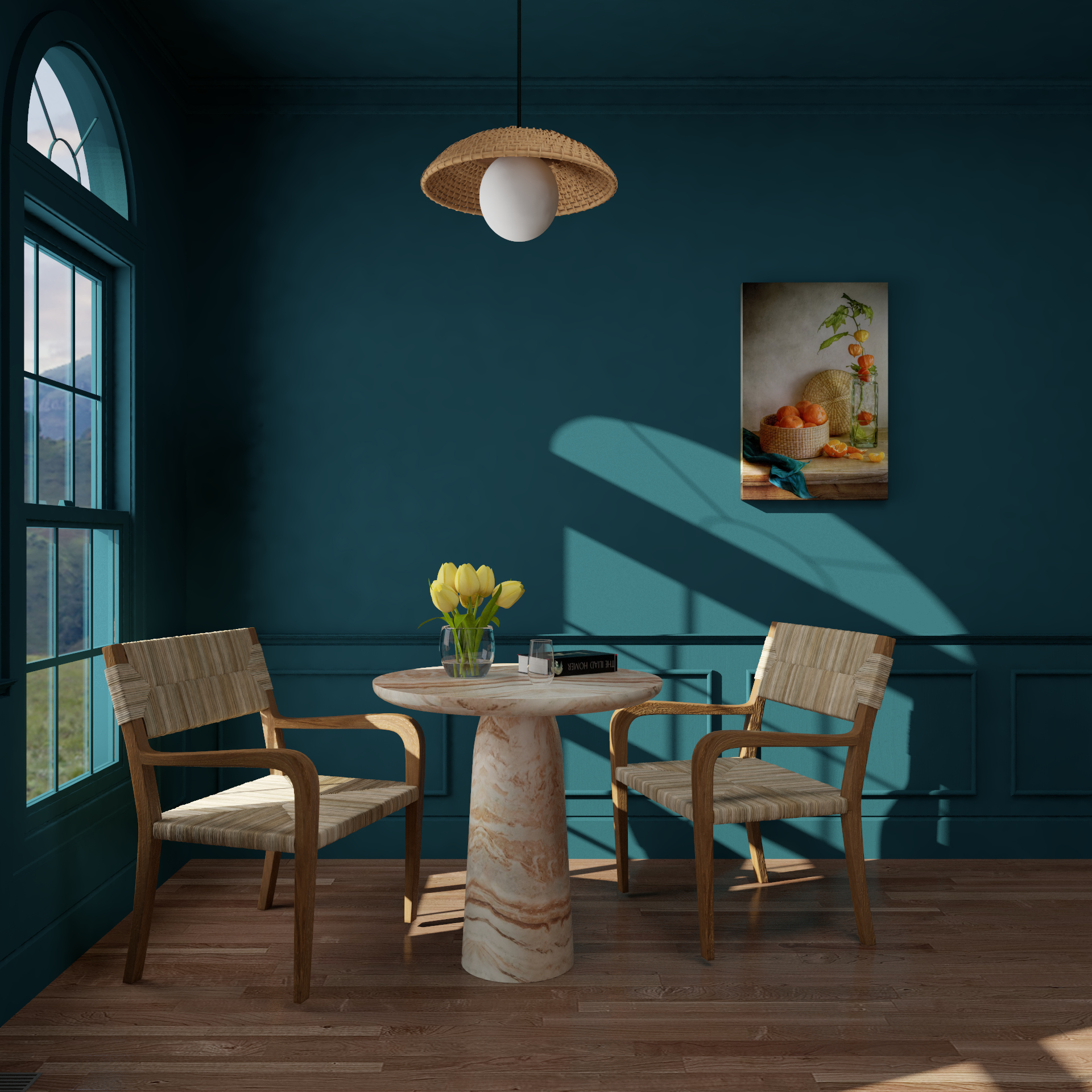 Moody breakfast nook with dark teal walls and a round table.